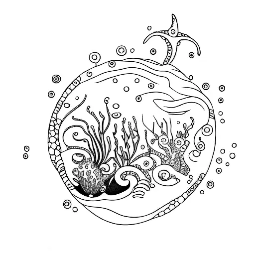 Whimsical underwater garden with sea creatures tattoo design idea
