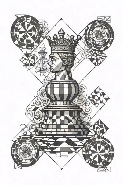 Queen chess piece being constructed with circular background tattoo design idea