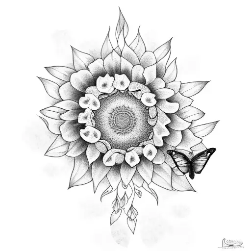 A dreamy scene of butterflies fluttering around a majestic sunflower tattoo design idea