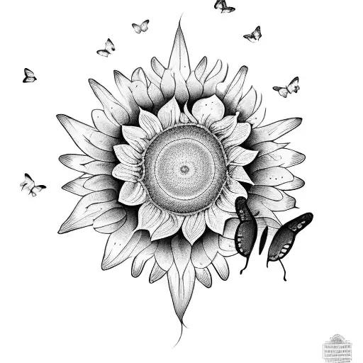 A dreamy scene of butterflies fluttering around a majestic sunflower tattoo design idea
