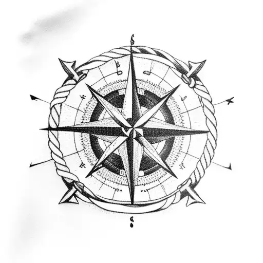 Nautical star, compass, maps, ropes, caravaca cross tattoo design idea