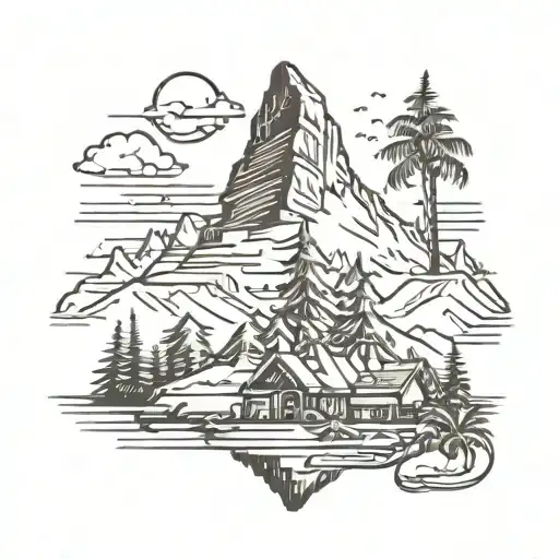 matterhorn mountain in the background with palm tree  tattoo design idea