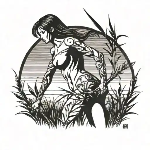 Nude woman warrior standing tall grass field looking tattoo design idea