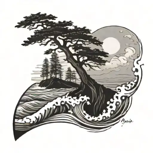 A wave crashing against a redwood tree on the shore of Humboldt county tattoo design idea