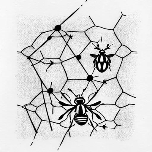 Single needle minimalist: Queen bee and small bee on geometric honeycomb tattoo design idea