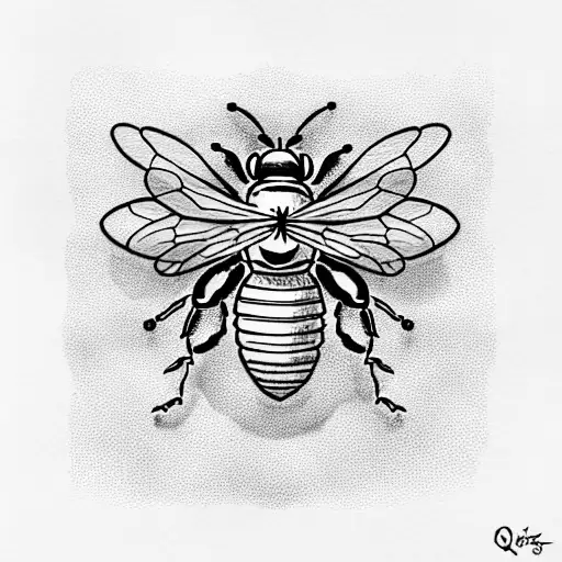 Single needle in Dr. Woo style: Queen honey bee and small bee on honeycomb tattoo design idea