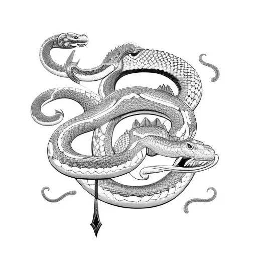 an Indonesian sword with two snakes wrapped around tattoo design idea
