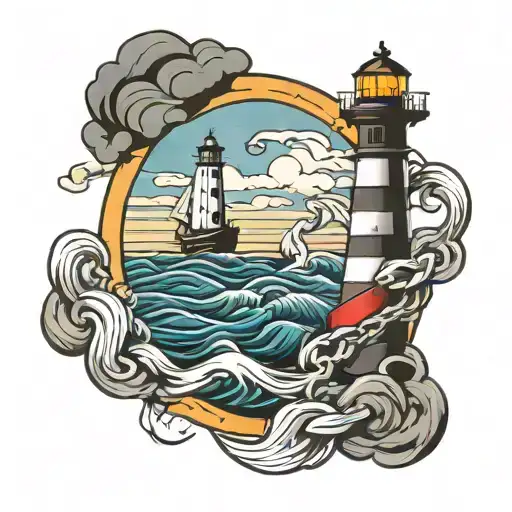 lighthouse against the backdrop of a storm and an anchor chain on a sleeve tattoo design idea