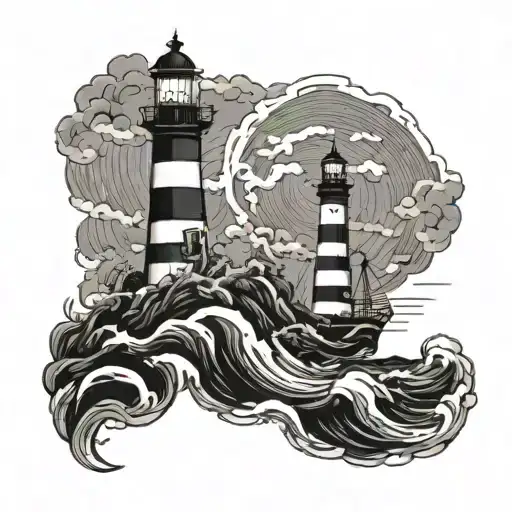 lighthouse against the backdrop of a storm and an anchor chain on a sleeve tattoo design idea