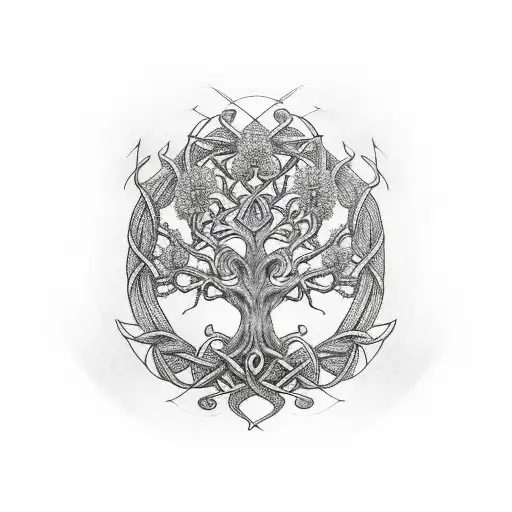ygg drasil tree surrounded by celtic knots tattoo design idea