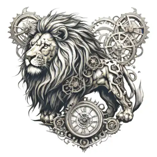 Mechanical Lion with Gears and Clock:Chest: A powerful lion, symbolizing strength and leadership, with a mechanical twis tattoo design idea