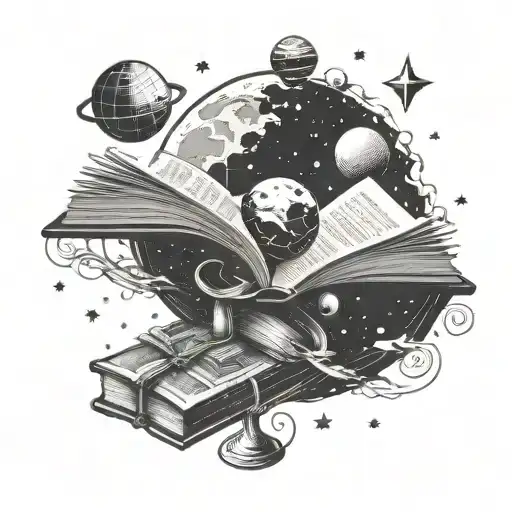 A cosmic library scene with a book planet surrounded by stars and galaxies tattoo design idea