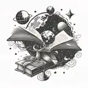 A cosmic library scene with a book planet surrounded by stars and galaxies tattoo design idea