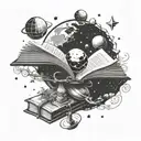 A cosmic library scene with a book planet surrounded by stars and galaxies tattoo design idea