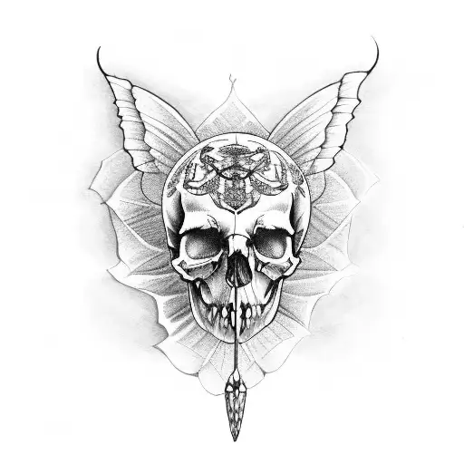 Half skull half butterfly on a dagger tattoo design idea