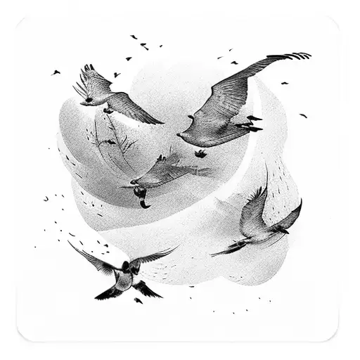 A camera lens transforming into a flock of birds taking flight tattoo design idea