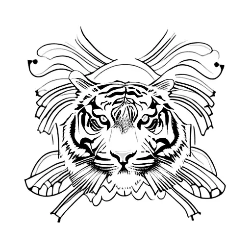 A majestic tiger in mid-leap, captured by a camera lens tattoo design idea