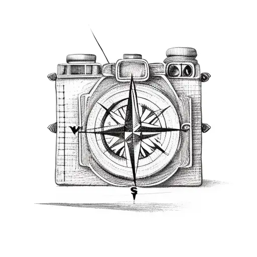 A vintage camera intertwined with a compass, symbolizing a passion for travel and exploration tattoo design idea