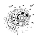 A camera lens transforming into a flock of birds taking flight tattoo design idea