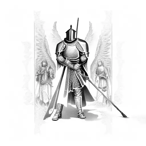 A knight in shining armor kneeling in prayer surrounded by angelic figures tattoo design idea