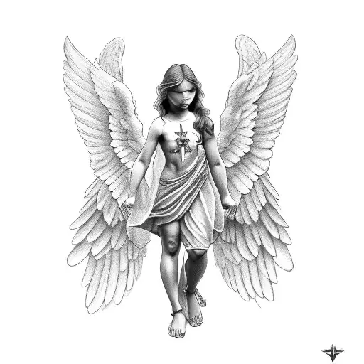 A angel holding a cross with open wings tattoo design idea