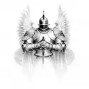 A knight in shining armor kneeling in prayer surrounded by angelic figures tattoo design idea