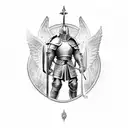 A knight in shining armor kneeling in prayer surrounded by angelic figures tattoo design idea