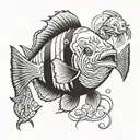 clown fish fighting Barracuda with spear  tattoo design idea
