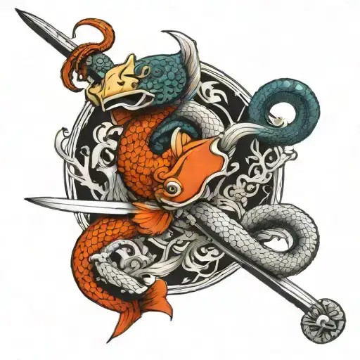 koi fish yin yang knight holding a sword snake on the sword  tattoo design idea