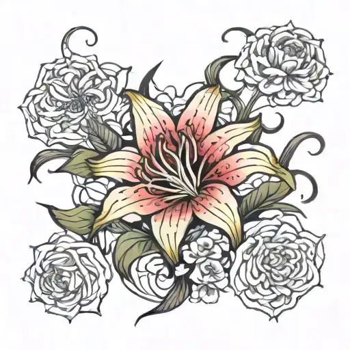 spider lily, rose, and stargazer lily  tattoo design idea