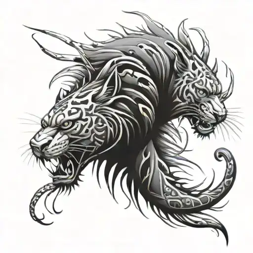 something between 2 lotos and panther on elbow side  might be palm or monster  tattoo design idea