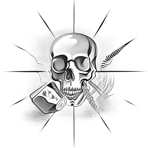 A surrealistic representation of a whisky bottle with a skull as the label tattoo design idea