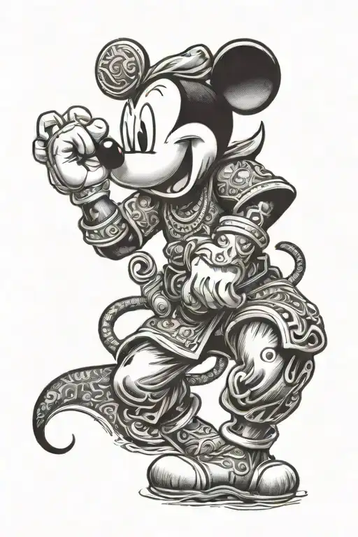 mickey mouse with hanuman tattoo in arm sleeve tattoo design idea