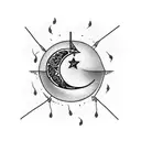 crescent moon with hanging strings in thigh tattoo design idea