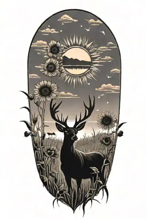sunflowers, deer silhouette, corn field, sunset sky tattoo design idea