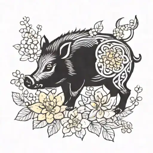 A stylized blackwork tattoo of a wild boar surrounded by yellow jasmine flowers tattoo design idea