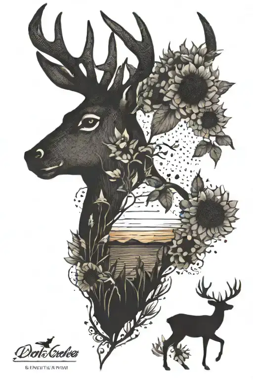 sunflowers, deer silhouette, corn field, sunset sky tattoo design idea