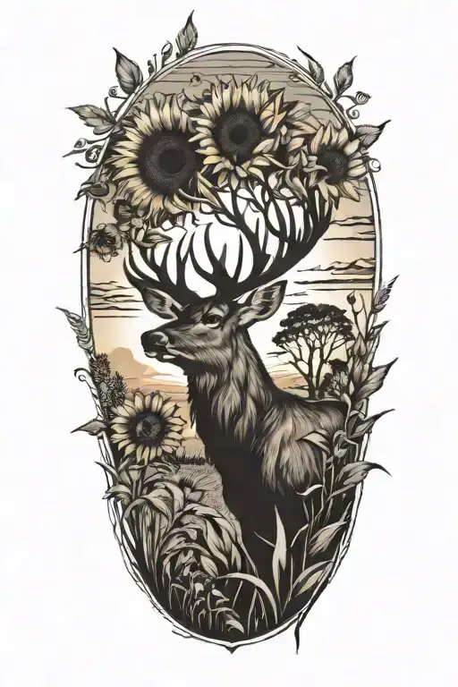 sunflowers, deer silhouette, corn field, sunset sky tattoo design idea