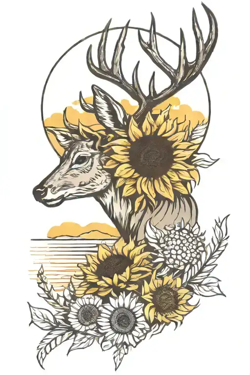 sunflowers, deer silhouette, corn field, sunset sky tattoo design idea