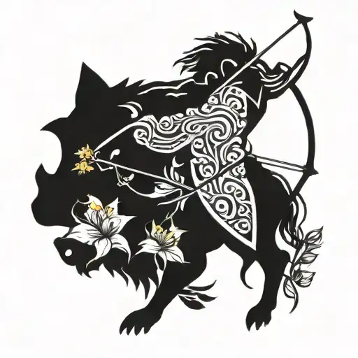 A stylized silhouette of a hunter aiming a bow and arrow at a yellow jasmine flower, with a wild boar in the background tattoo design idea