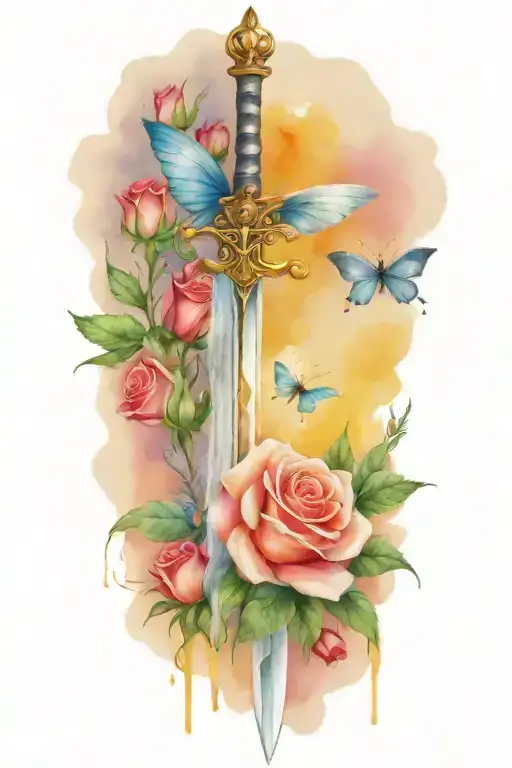 sword with roses around it with a small butterfly on the rose tattoo design idea