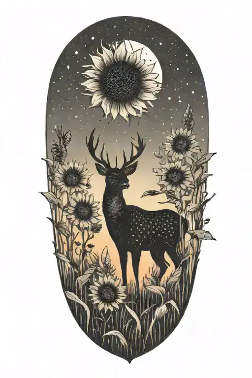 sunflowers, deer silhouette, corn field, sunset sky  tattoo design idea
