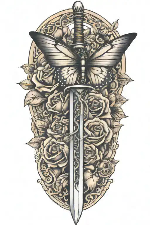 sword with roses around it with a butterfly  tattoo design idea