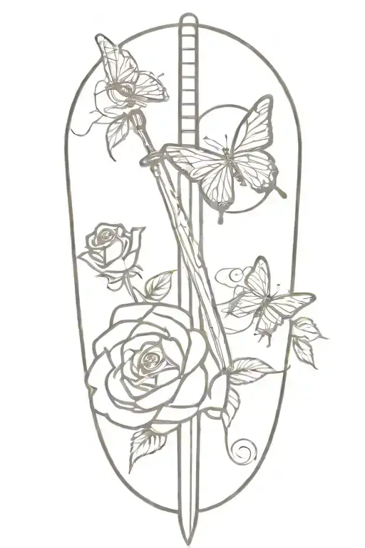 sword with roses around it with a small butterfly on the rose tattoo design idea