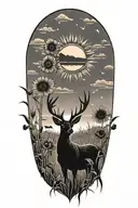 sunflowers, deer silhouette, corn field, sunset sky tattoo design idea