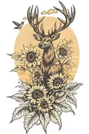 sunflowers, deer silhouette, corn field, sunset sky tattoo design idea
