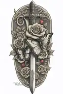 sword with roses around it with a small butterfly on the rose tattoo design idea