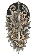 sword with roses around it with a small butterfly on the rose tattoo design idea