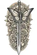 sword with roses around it with a butterfly  tattoo design idea