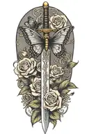 sword with roses around it with a butterfly  tattoo design idea